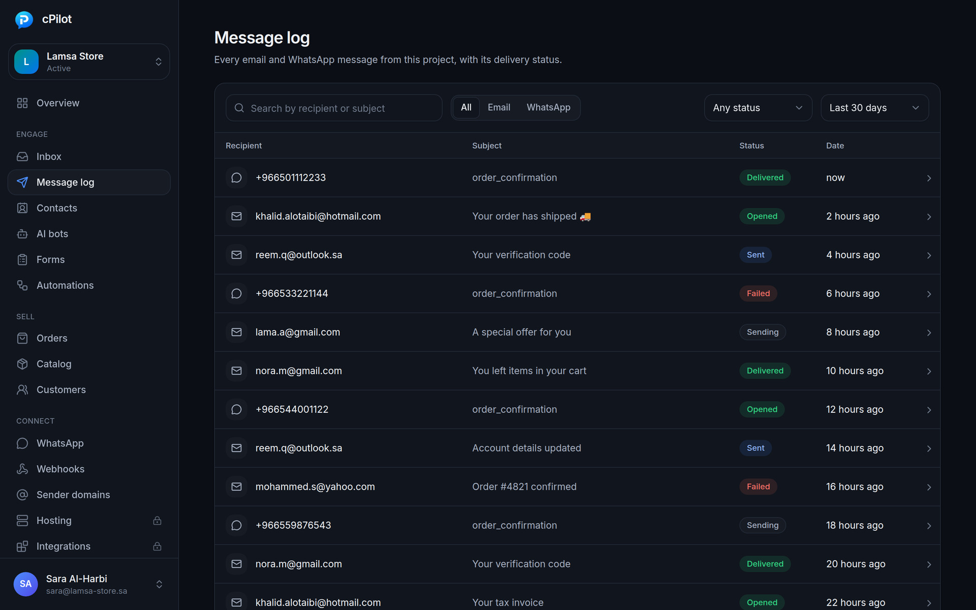 Every WhatsApp and email message, with its delivery status