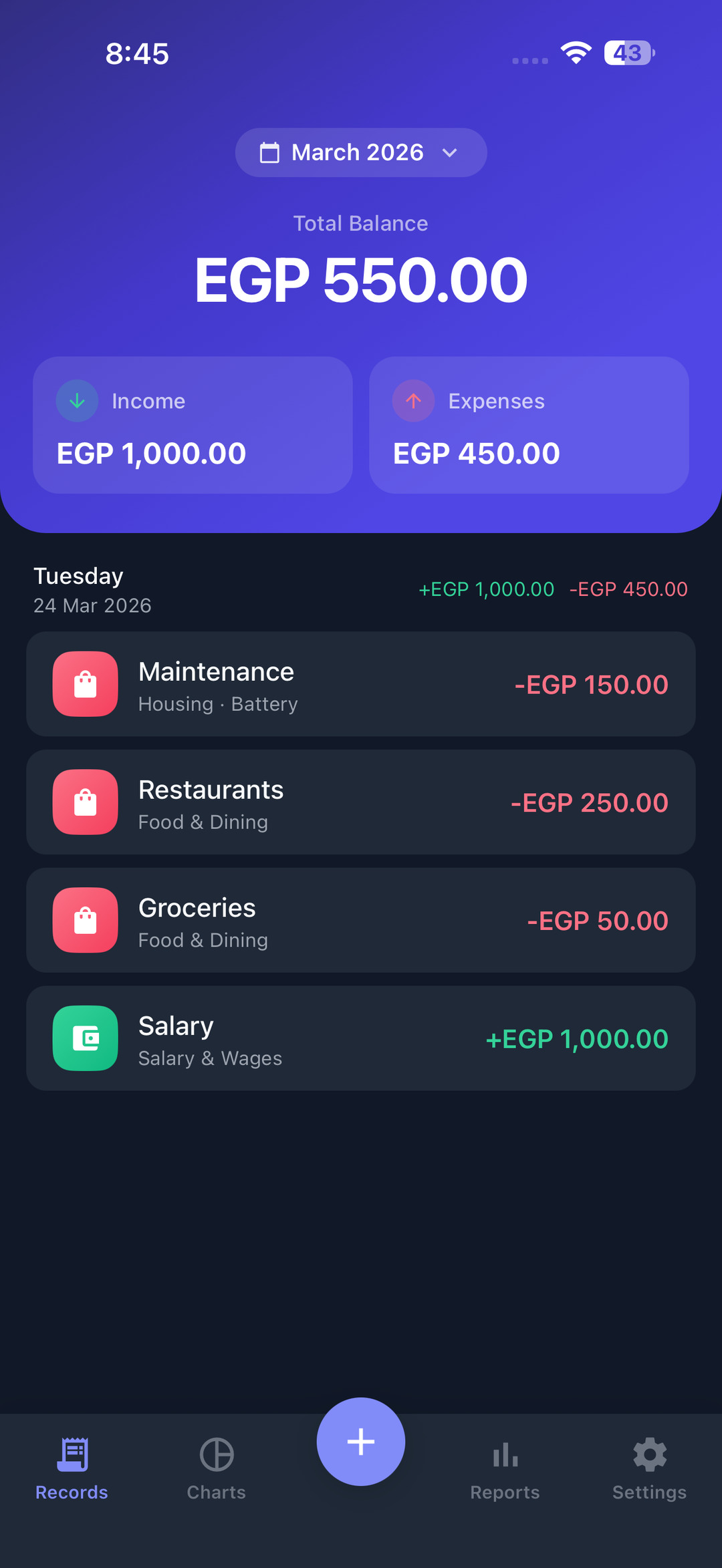 Every income and expense, by day